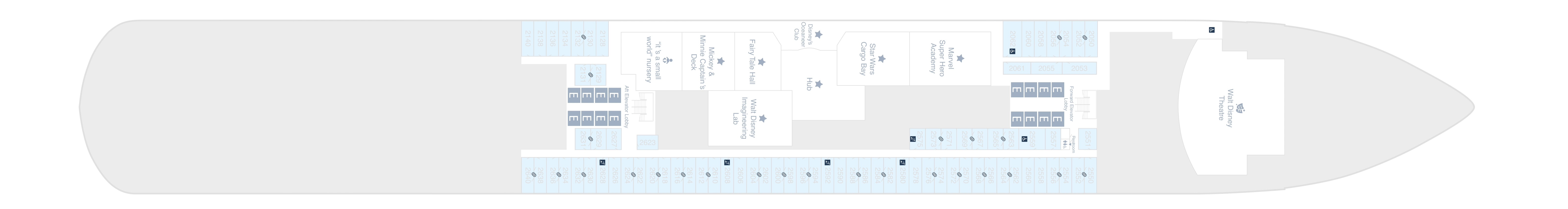 Disney Wish, Deck 2: official cabin and venue layout