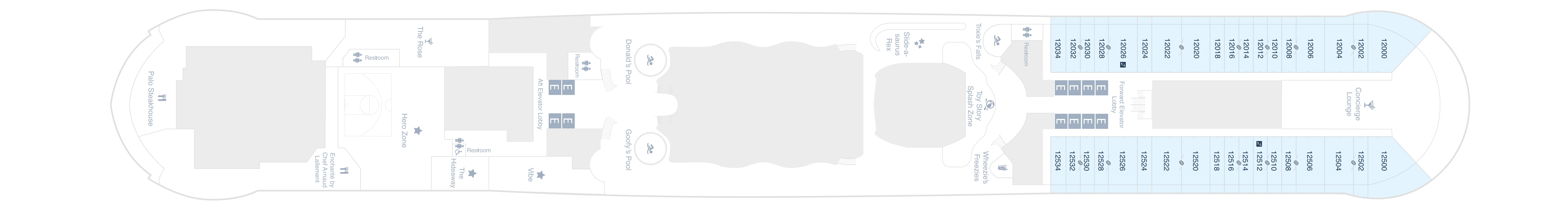 Disney Wish, Deck 12: official cabin and venue layout