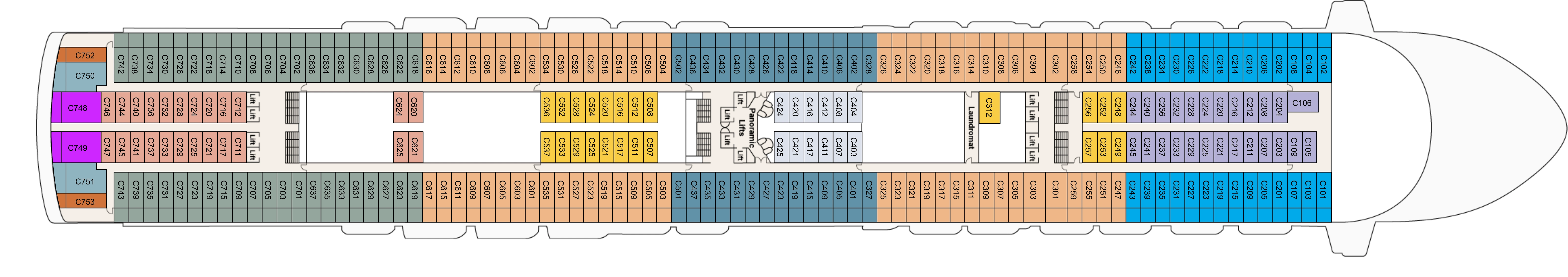 Crown Princess, Deck 10: official cabin and venue layout