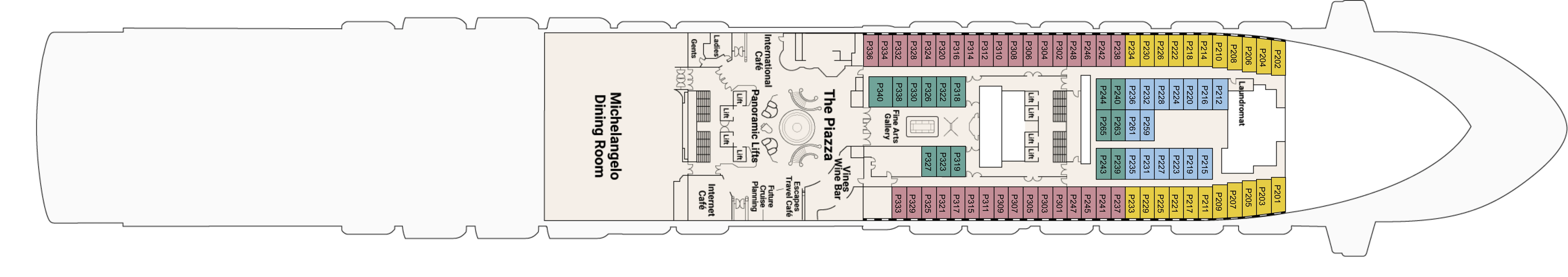 Crown Princess, Deck 5: official cabin and venue layout
