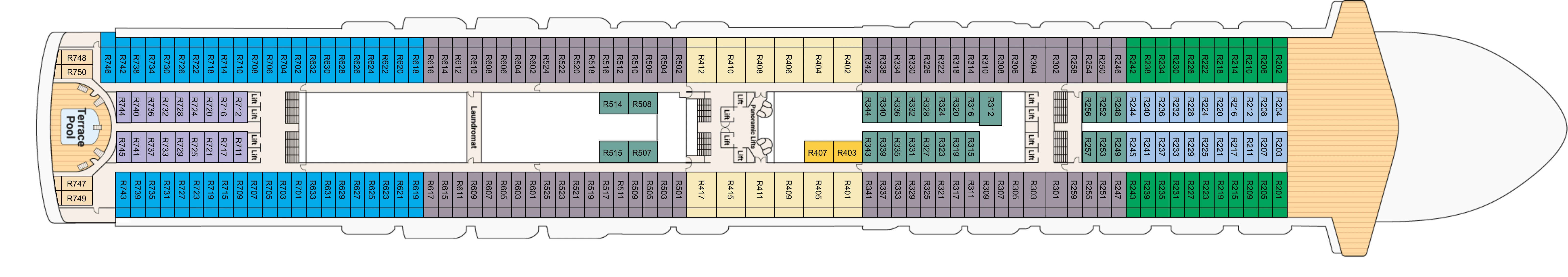 Crown Princess, Deck 14: official cabin and venue layout
