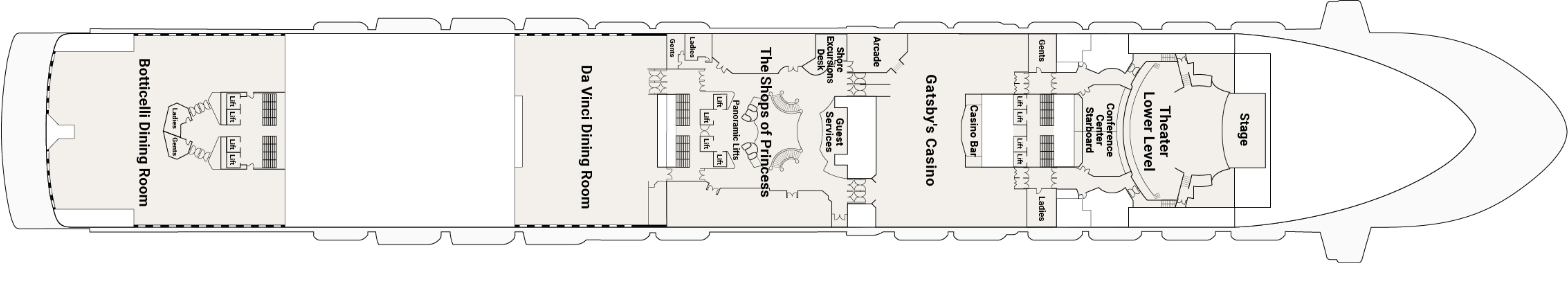 Crown Princess, Deck 6: official cabin and venue layout
