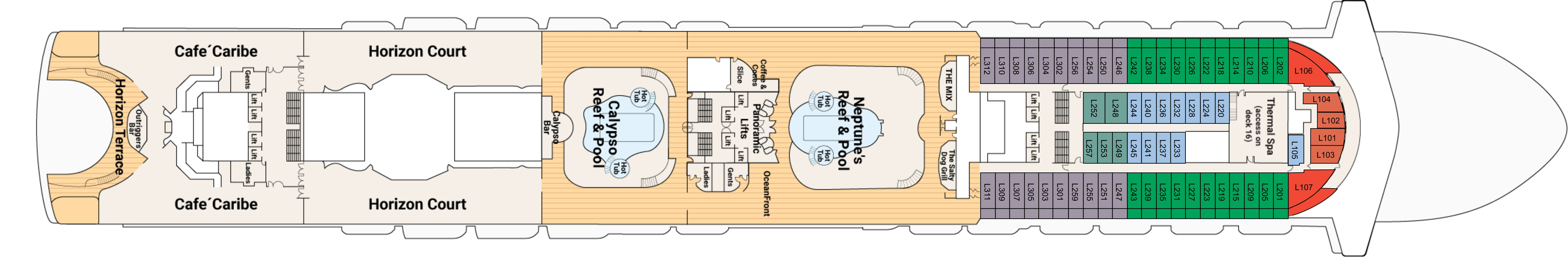 Crown Princess, Deck 15: official cabin and venue layout