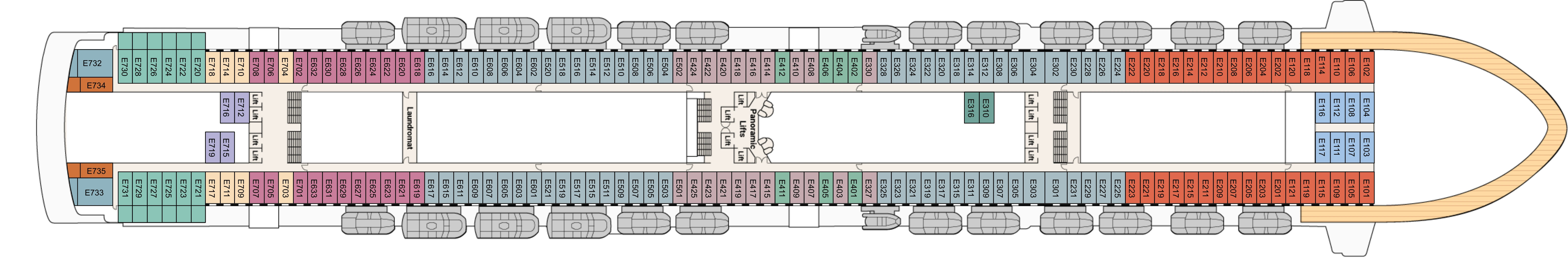 Crown Princess, Deck 8: official cabin and venue layout