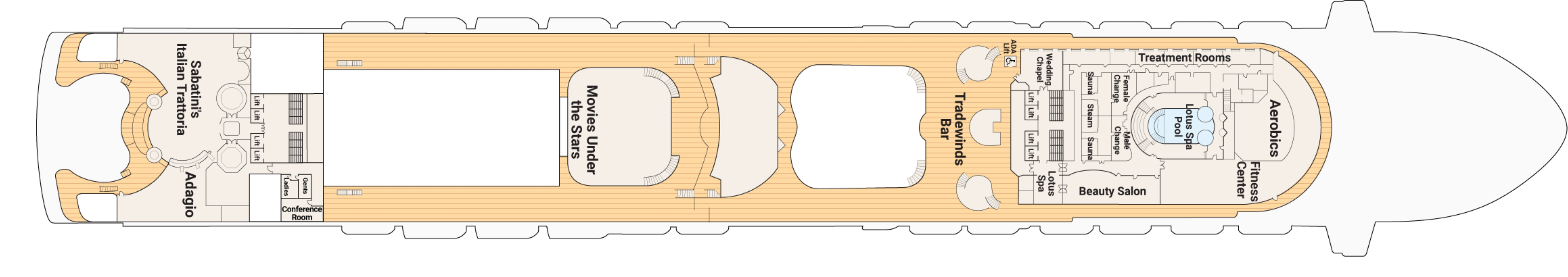 Crown Princess, Deck 16: official cabin and venue layout