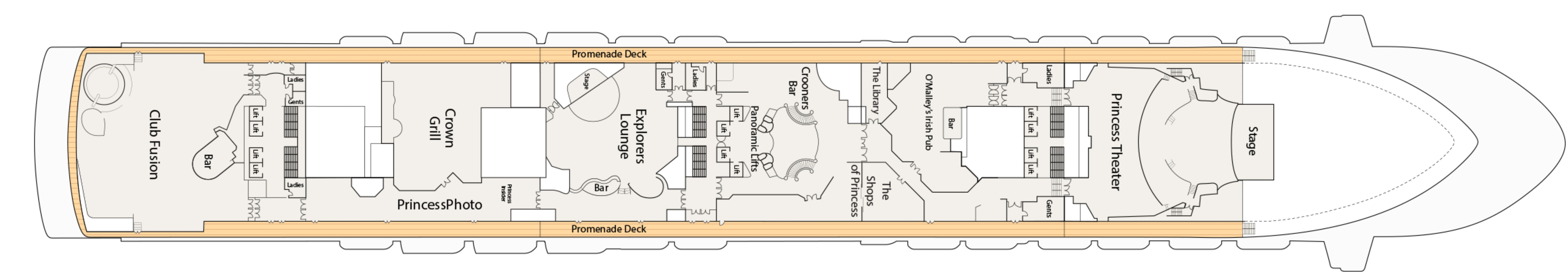Crown Princess, Deck 7: official cabin and venue layout