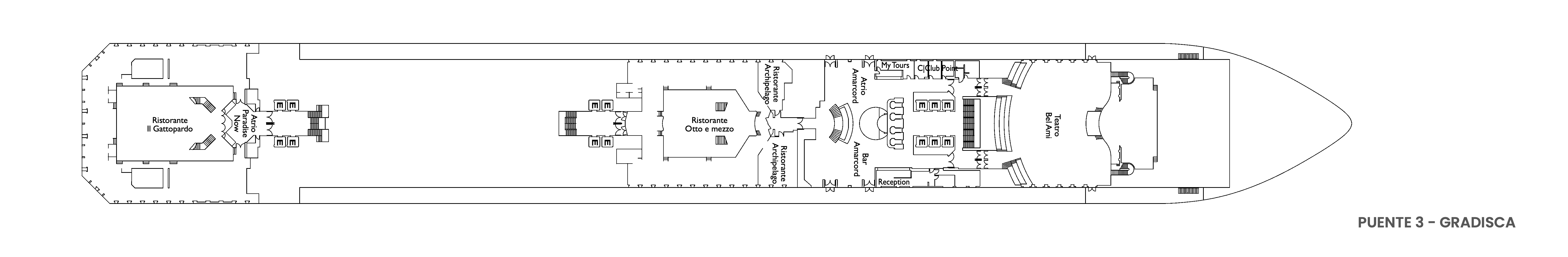 Costa Fascinosa, Deck 3: official cabin and venue layout