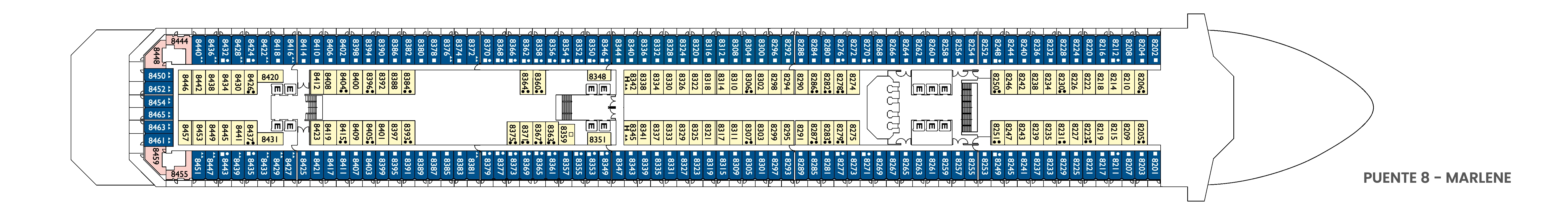 Costa Fascinosa, Deck 8: official cabin and venue layout