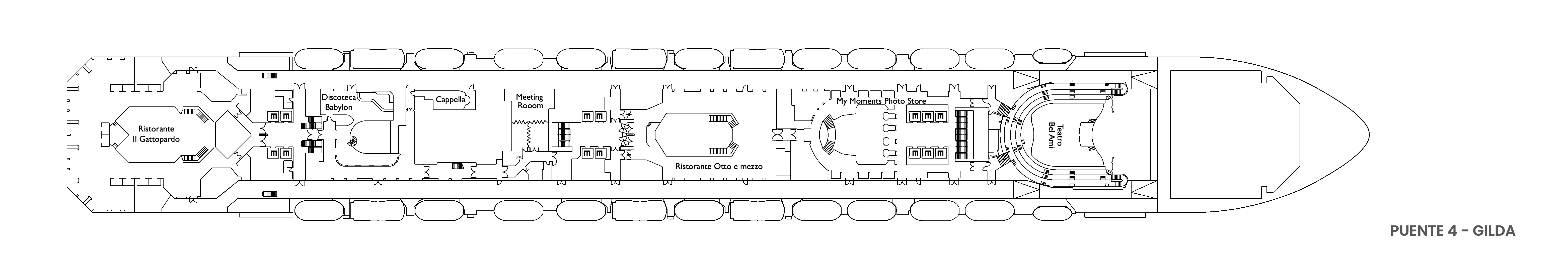 Costa Fascinosa, Deck 4: official cabin and venue layout