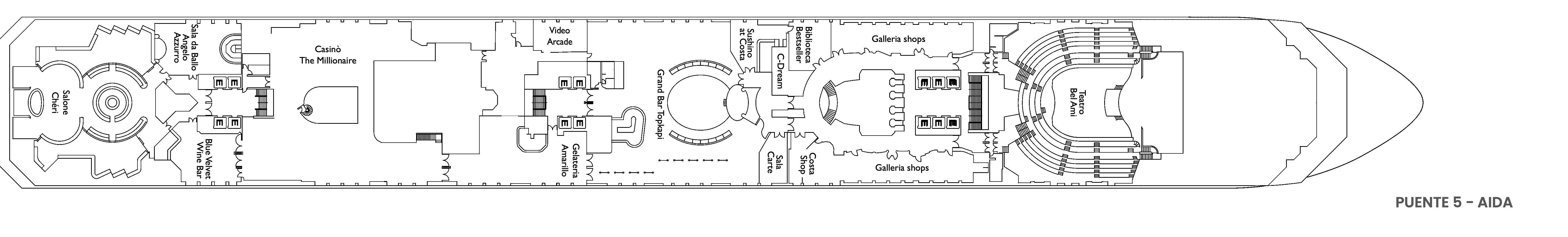 Costa Fascinosa, Deck 5: official cabin and venue layout