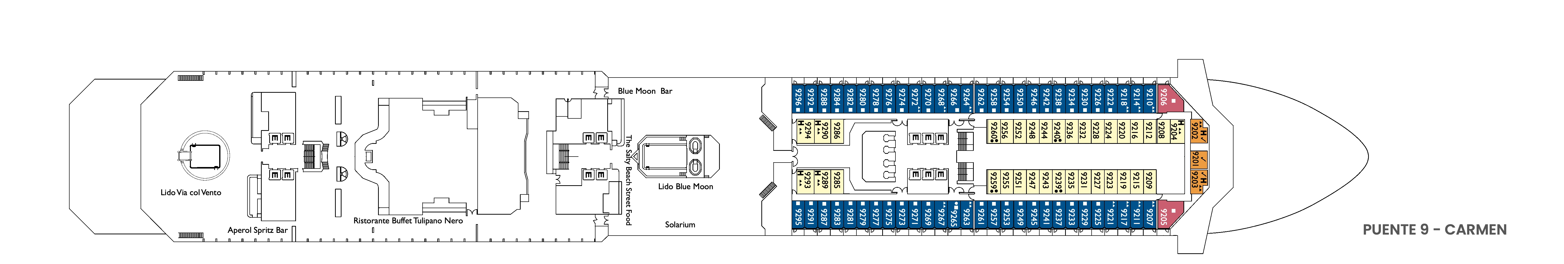 Costa Fascinosa, Deck 9: official cabin and venue layout