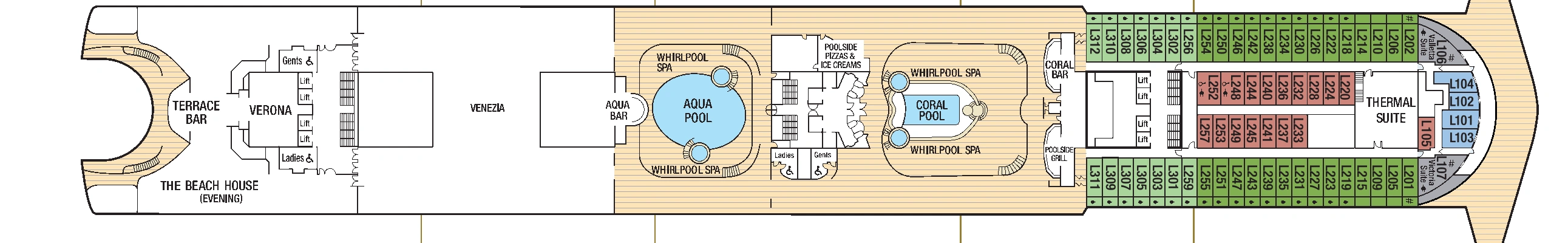 Azura, Deck 15: official cabin and venue layout