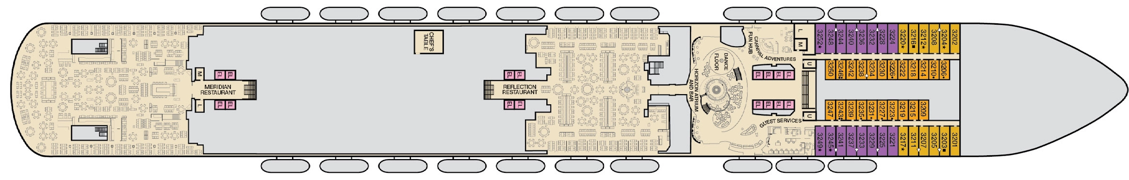 Carnival Horizon, Deck 3: official cabin and venue layout