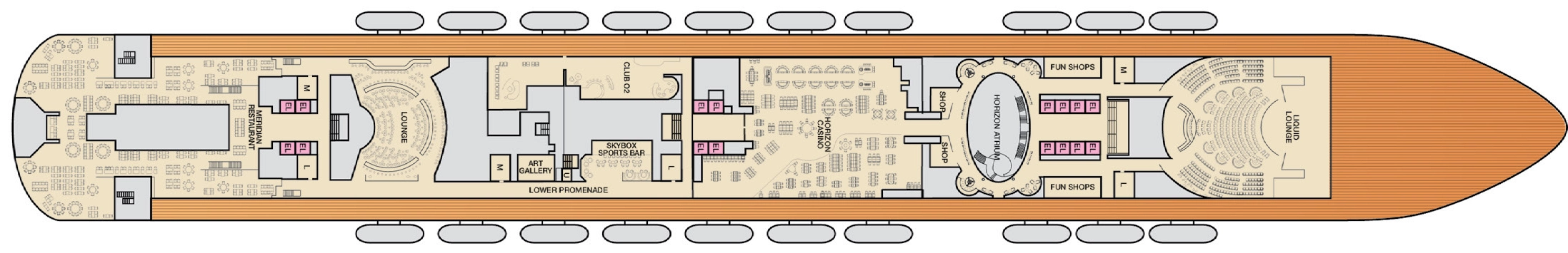 Carnival Horizon, Deck 4: official cabin and venue layout