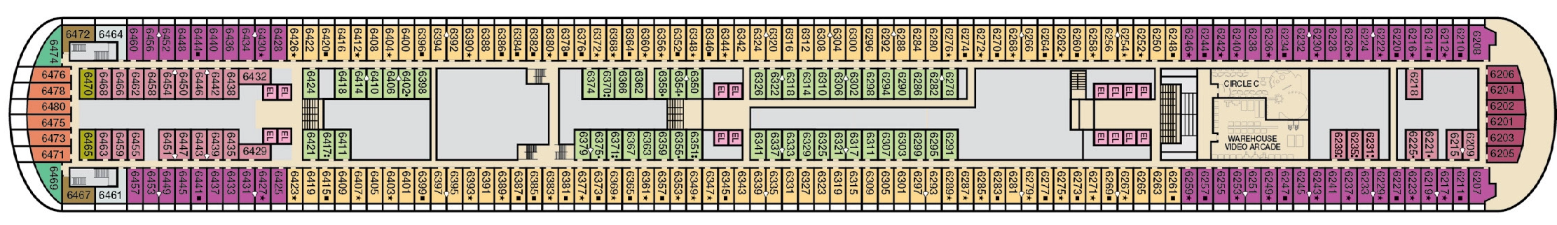 Carnival Horizon, Deck 6: official cabin and venue layout