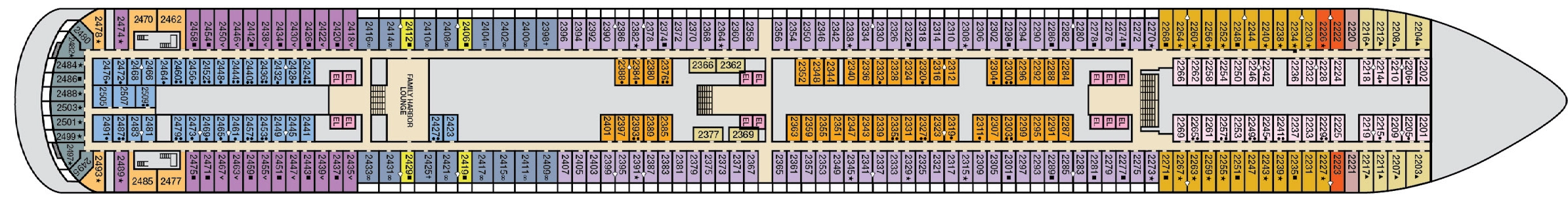 Carnival Horizon, Deck 2: official cabin and venue layout