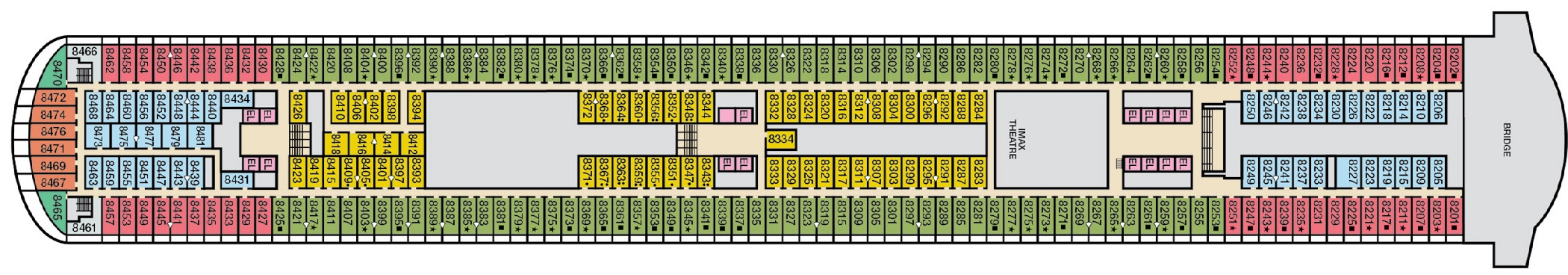 Carnival Horizon, Deck 8: official cabin and venue layout
