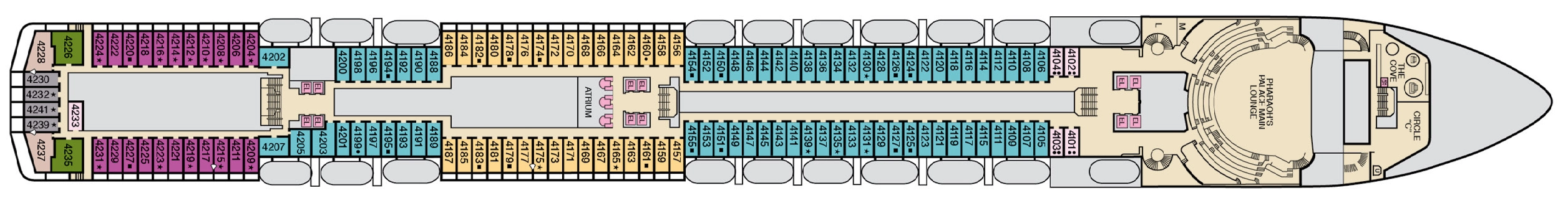 Carnival Spirit, Deck 4: official cabin and venue layout