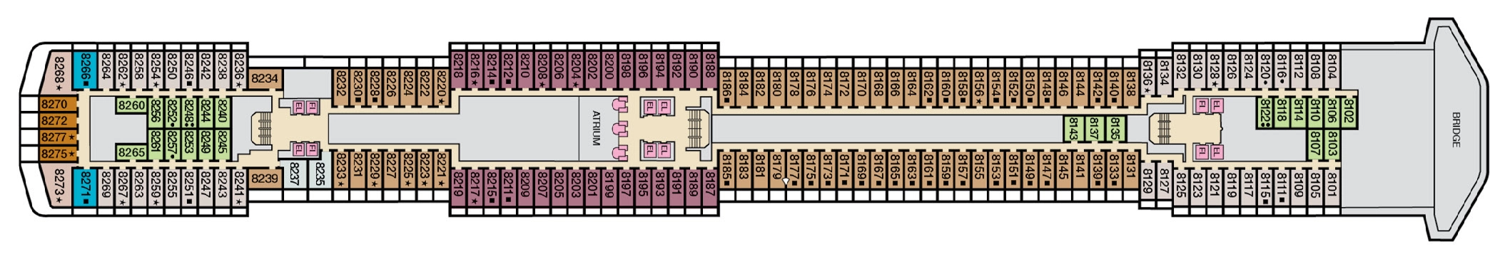 Carnival Spirit, Deck 8: official cabin and venue layout