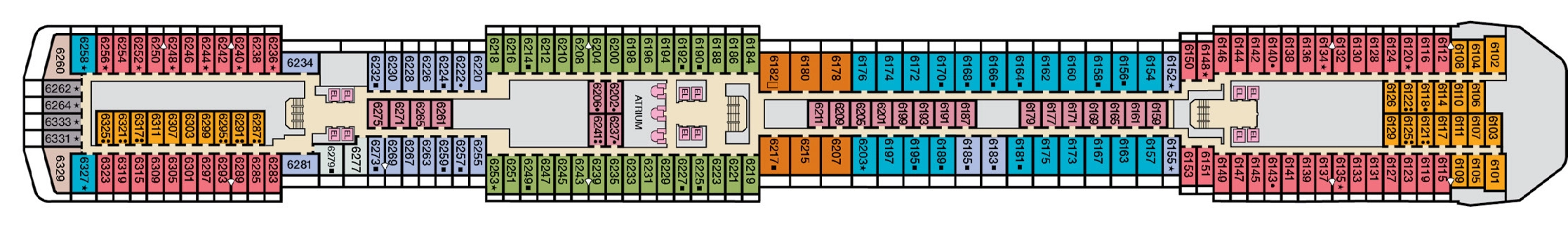 Carnival Spirit, Deck 6: official cabin and venue layout