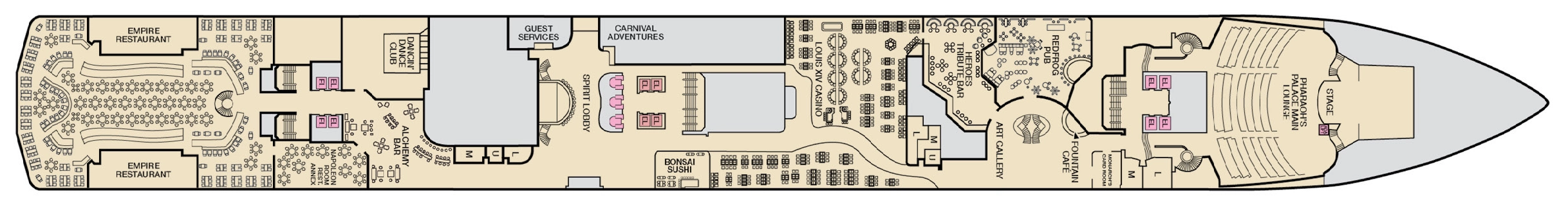 Carnival Spirit, Deck 2: official cabin and venue layout