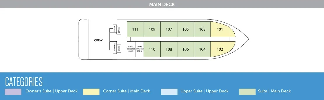 Delfin III, Deck 1: official cabin and venue layout