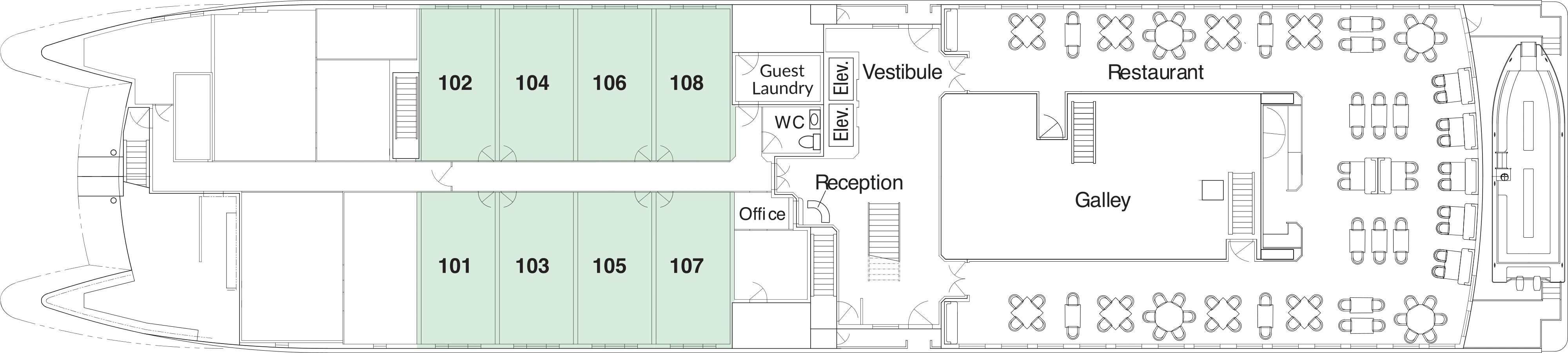 American Glory, Deck 1: official cabin and venue layout