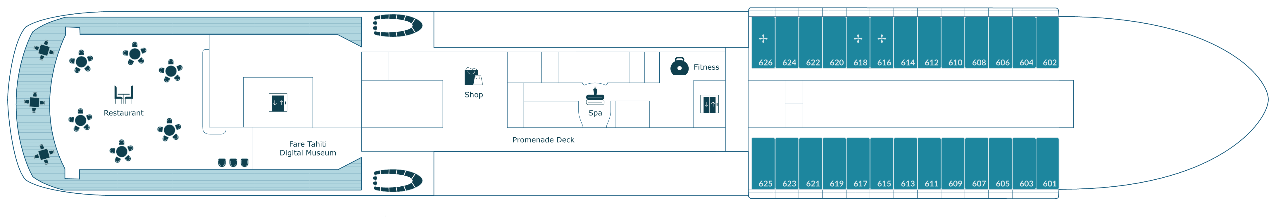 Paul Gauguin, Deck 6: official cabin and venue layout