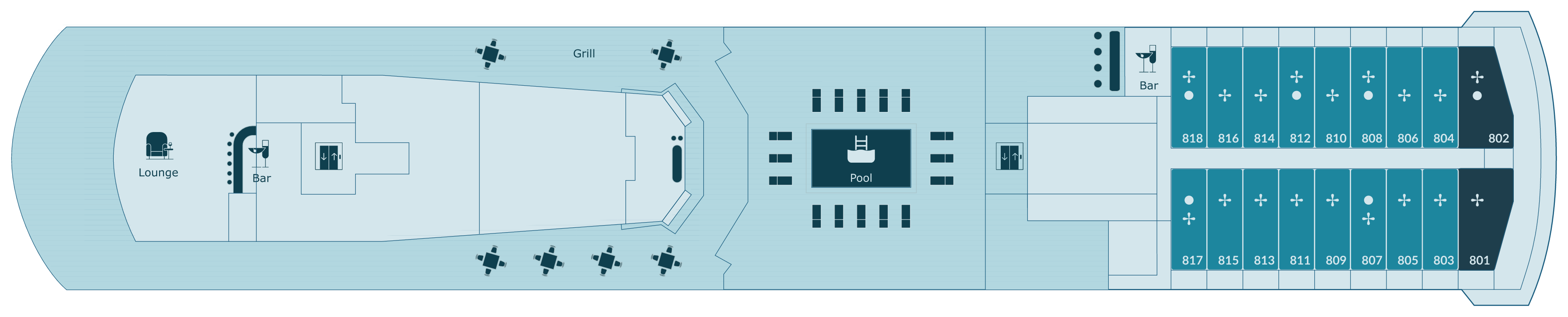 Paul Gauguin, Deck 8: official cabin and venue layout