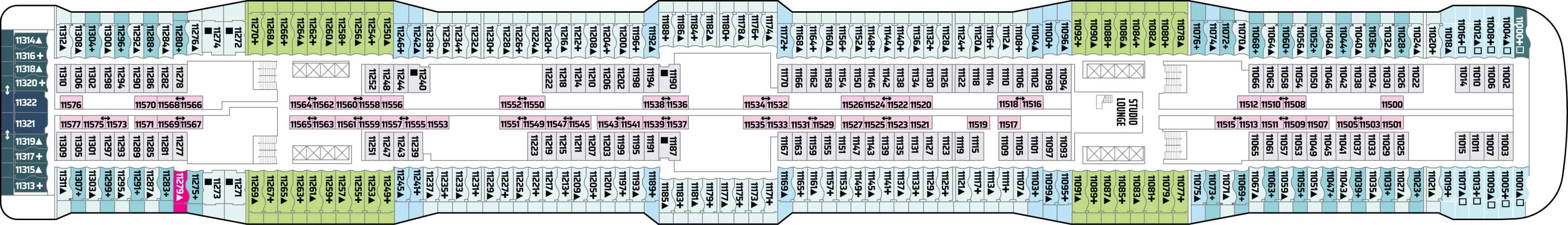 Norwegian Epic, Deck 11: official cabin and venue layout
