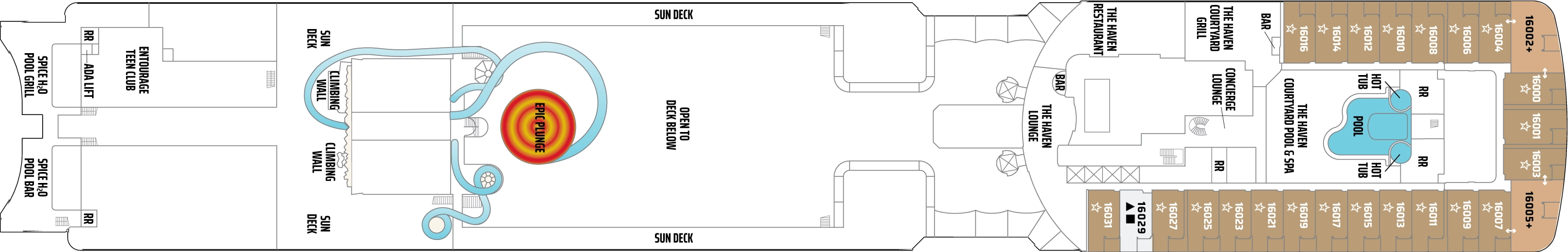 Norwegian Epic, Deck 16: official cabin and venue layout