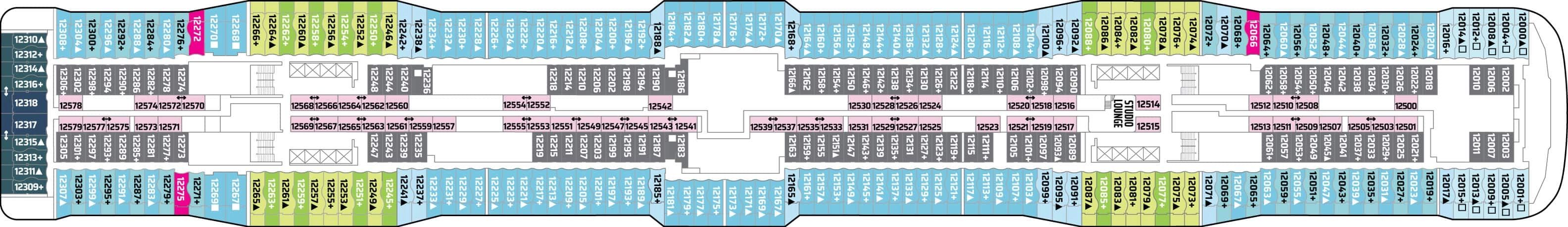 Norwegian Epic, Deck 12: official cabin and venue layout