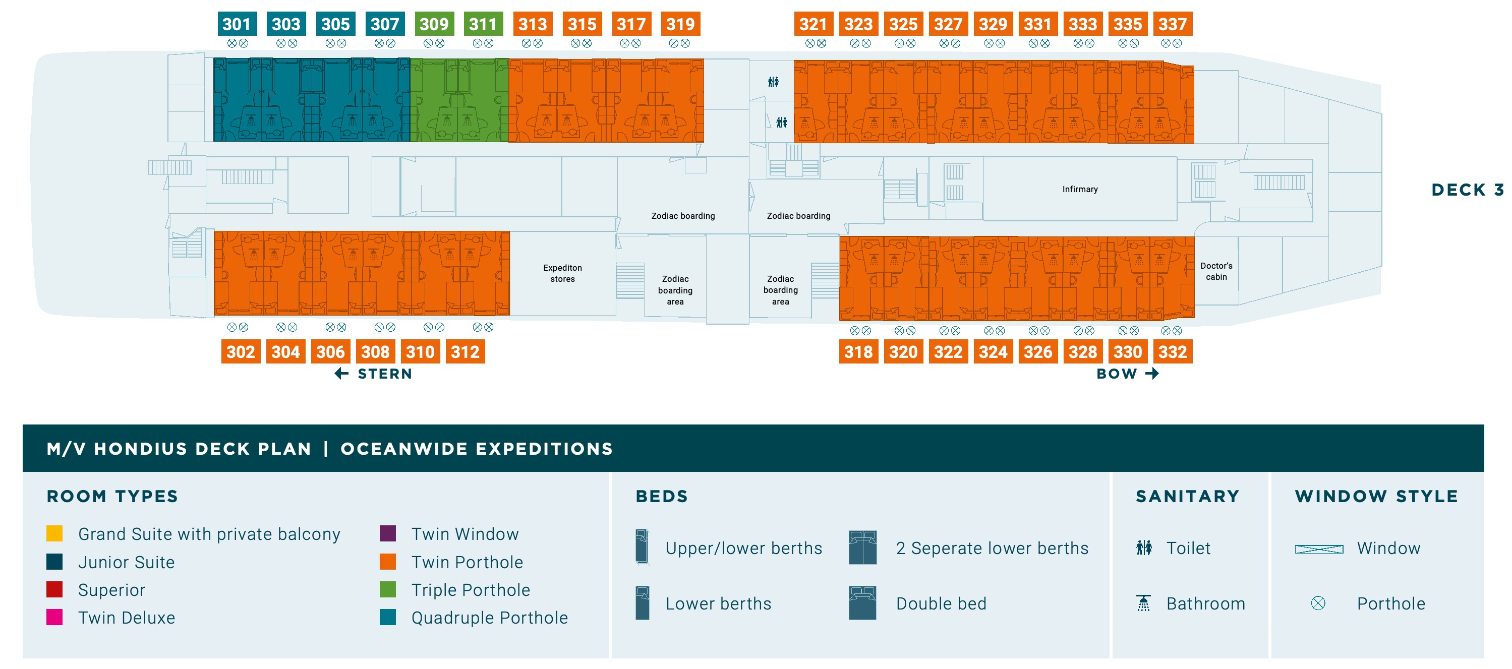 Hondius, Deck 3: official cabin and venue layout