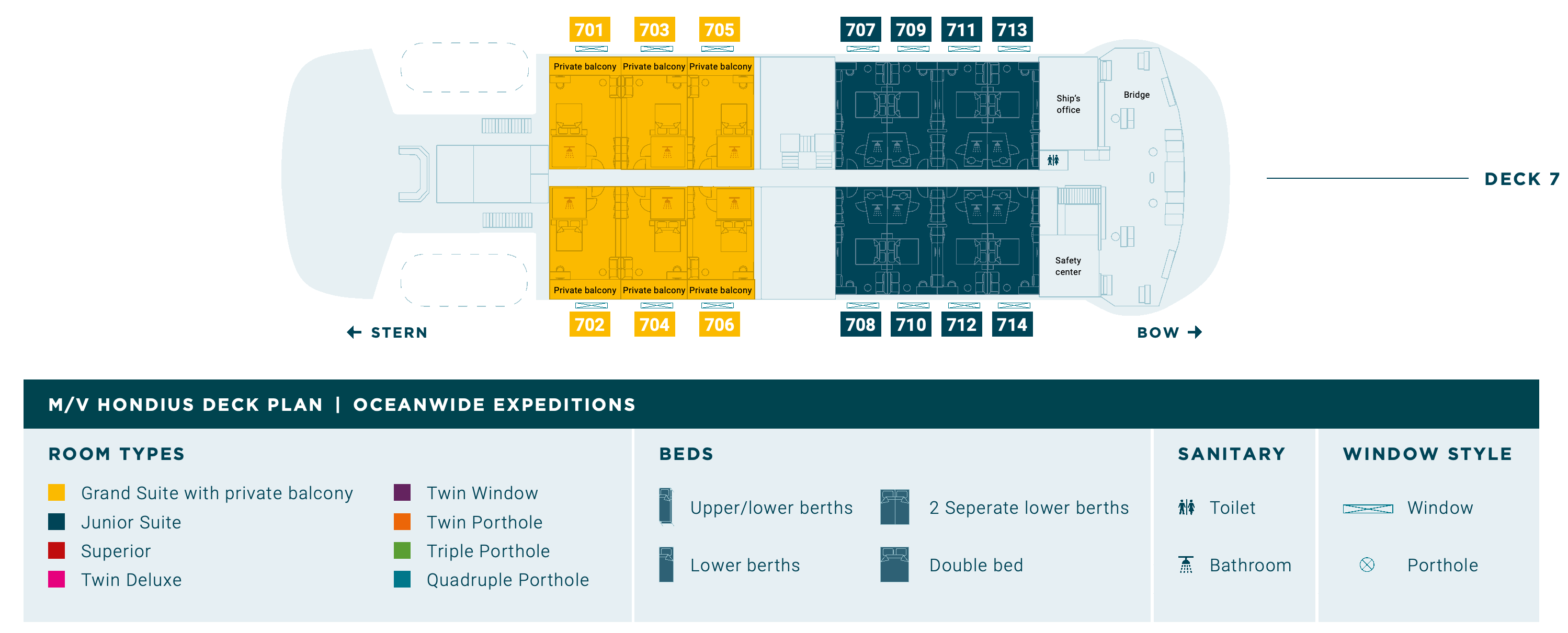 Hondius, Deck 7: official cabin and venue layout