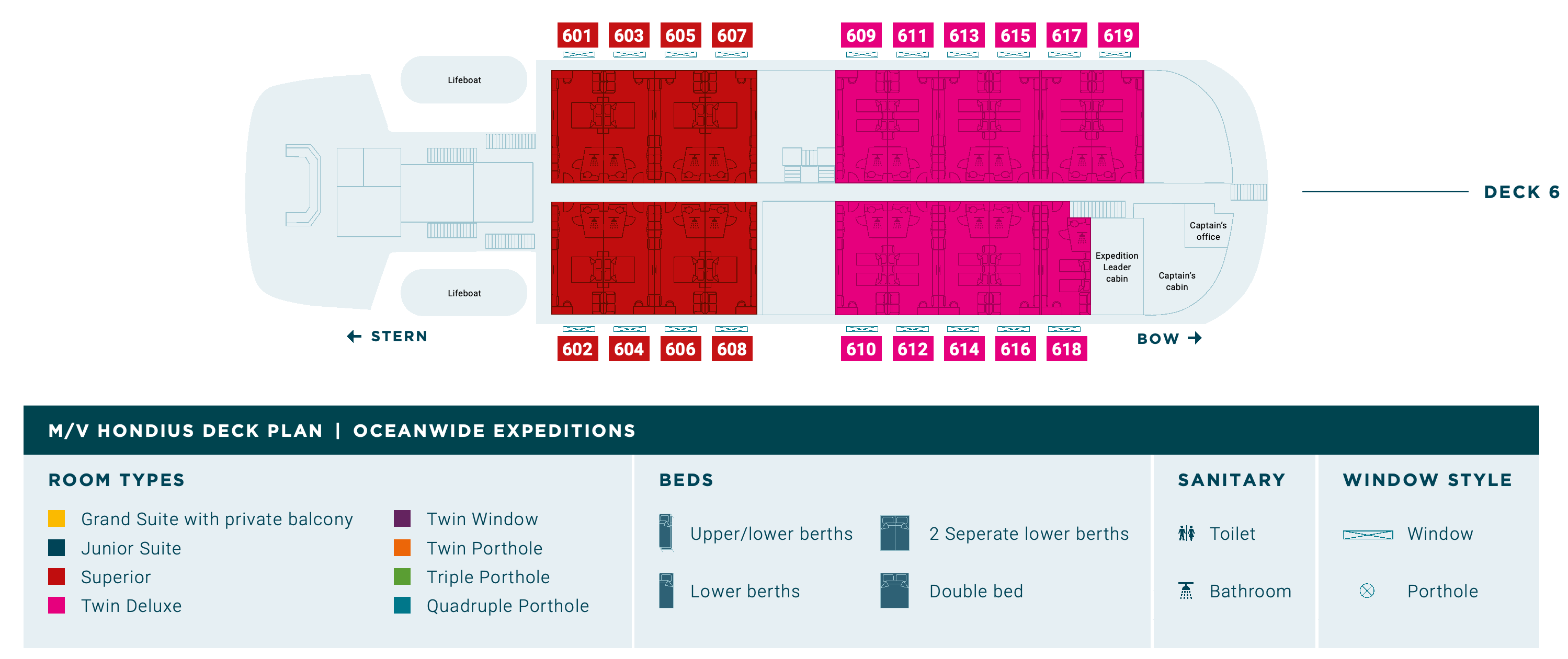 Hondius, Deck 6: official cabin and venue layout