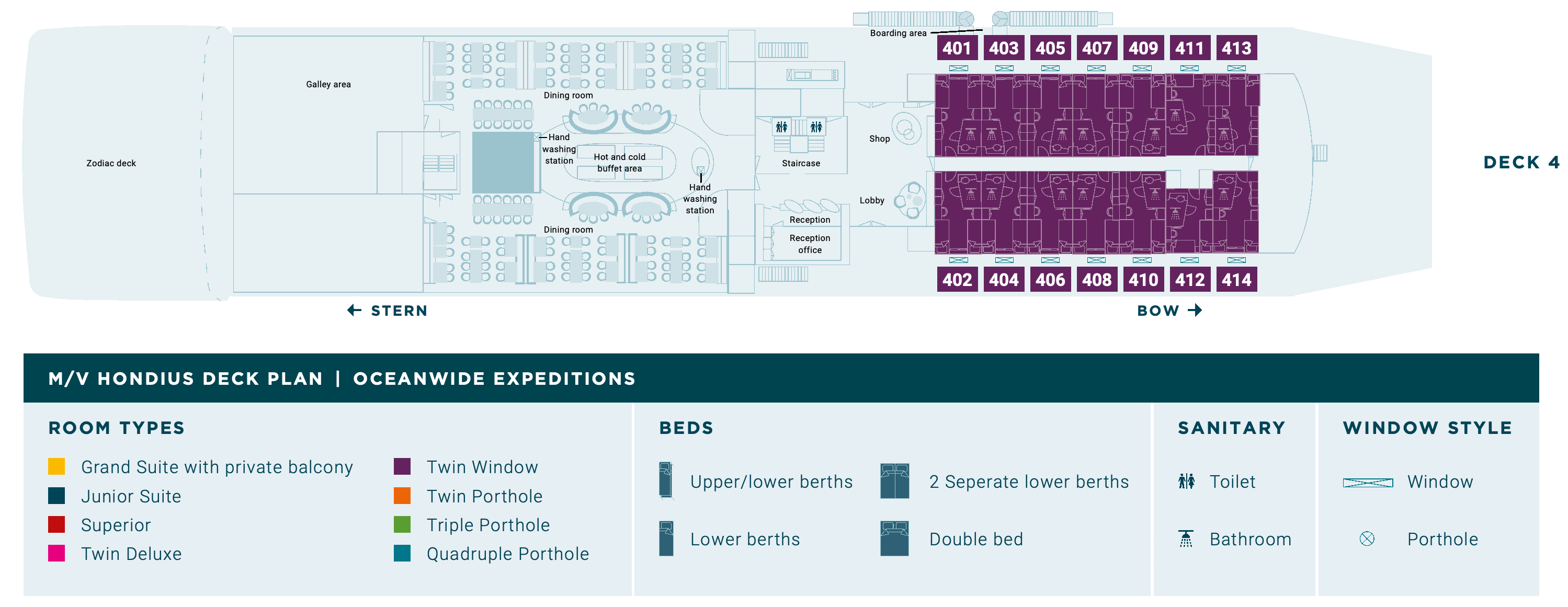 Hondius, Deck 4: official cabin and venue layout
