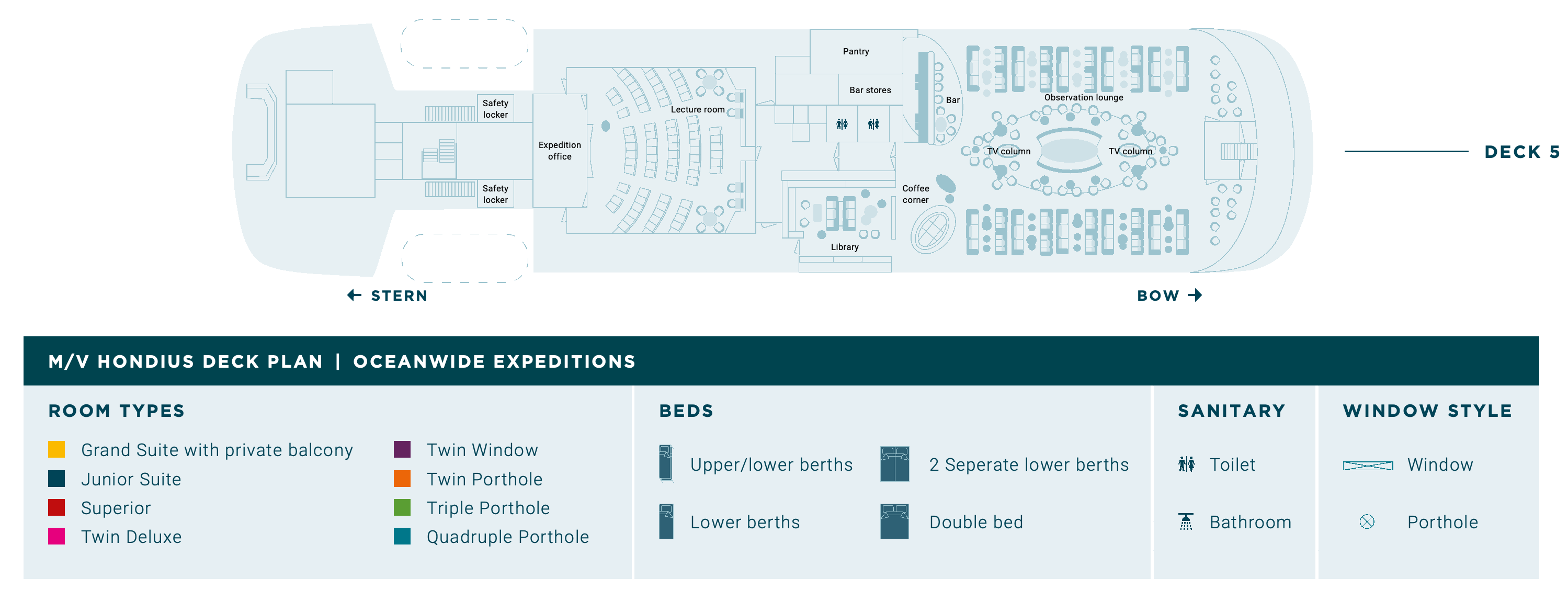 Hondius, Deck 5: official cabin and venue layout