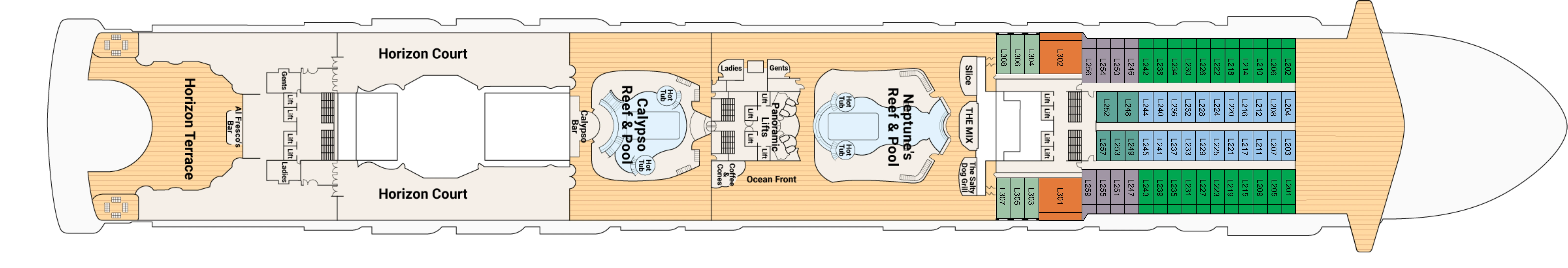 Grand Princess, Deck 14: official cabin and venue layout