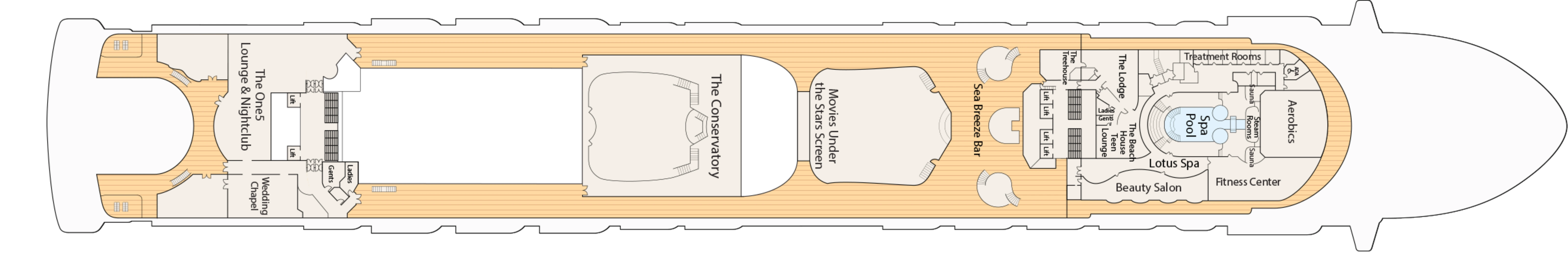 Grand Princess, Deck 15: official cabin and venue layout