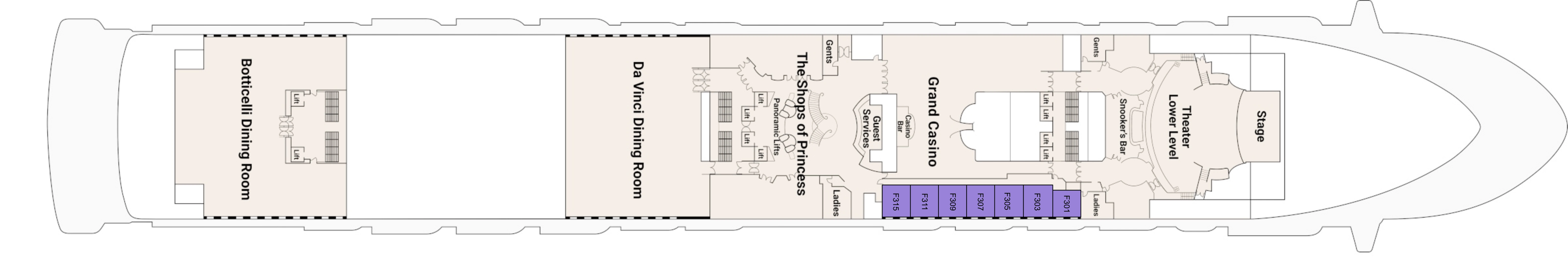Grand Princess, Deck 6: official cabin and venue layout