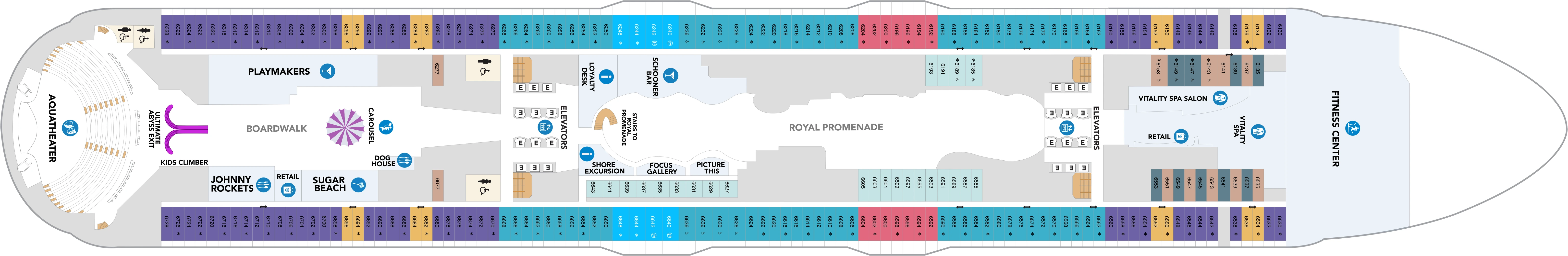 Utopia of the Seas, Deck 6: official cabin and venue layout