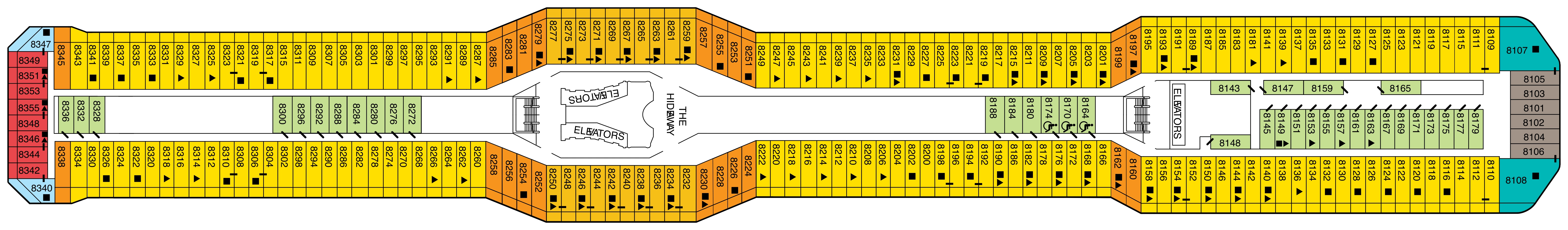 Celebrity Reflection, Deck 8: official cabin and venue layout