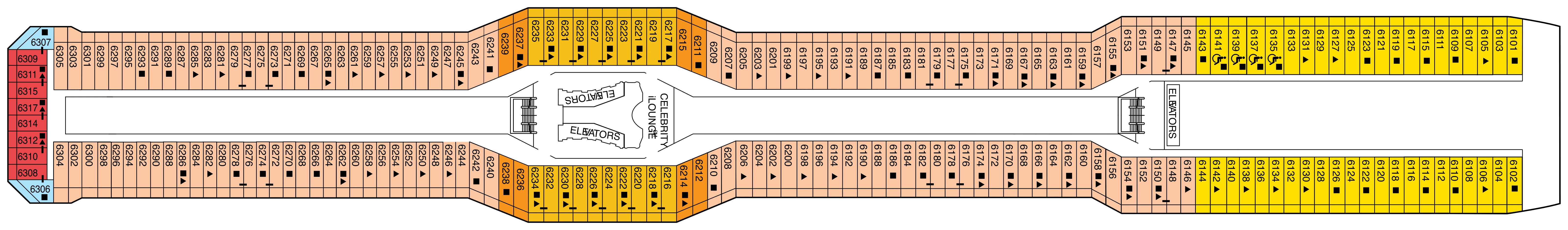 Celebrity Reflection, Deck 6: official cabin and venue layout