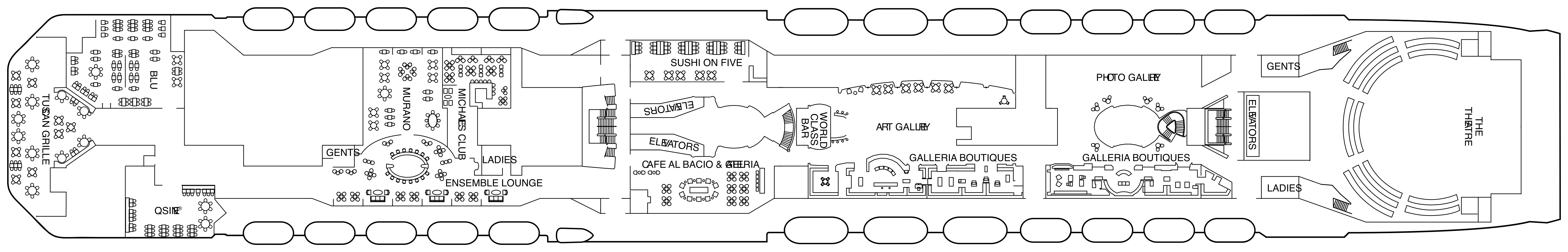 Celebrity Reflection, Deck 5: official cabin and venue layout