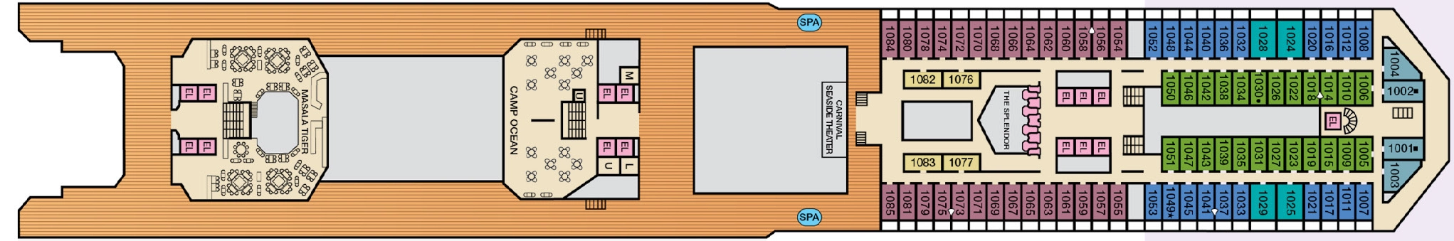 Carnival Splendor, Deck 10: official cabin and venue layout