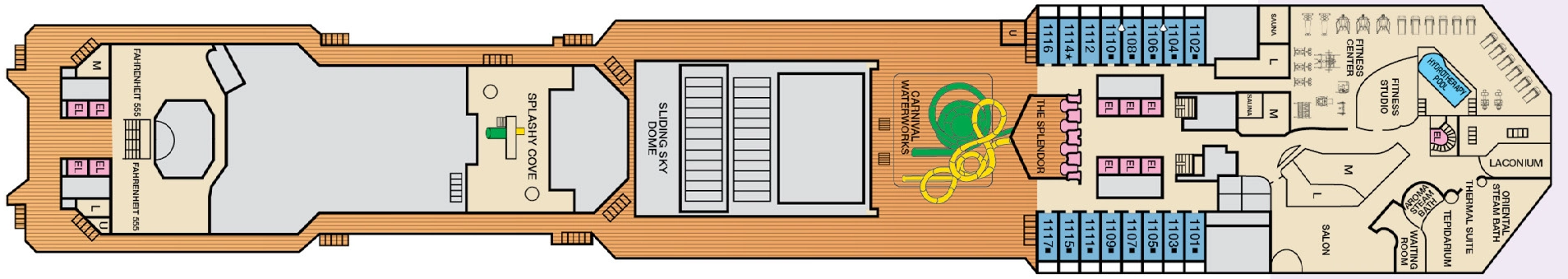 Carnival Splendor, Deck 11: official cabin and venue layout
