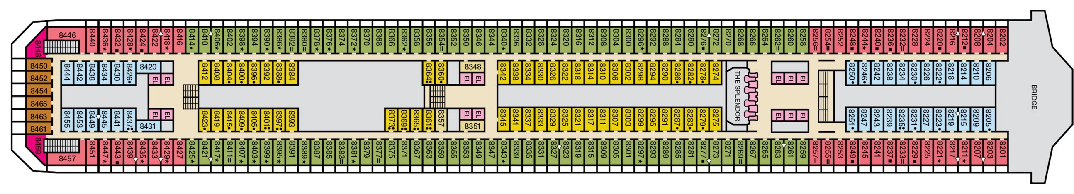 Carnival Splendor, Deck 8: official cabin and venue layout