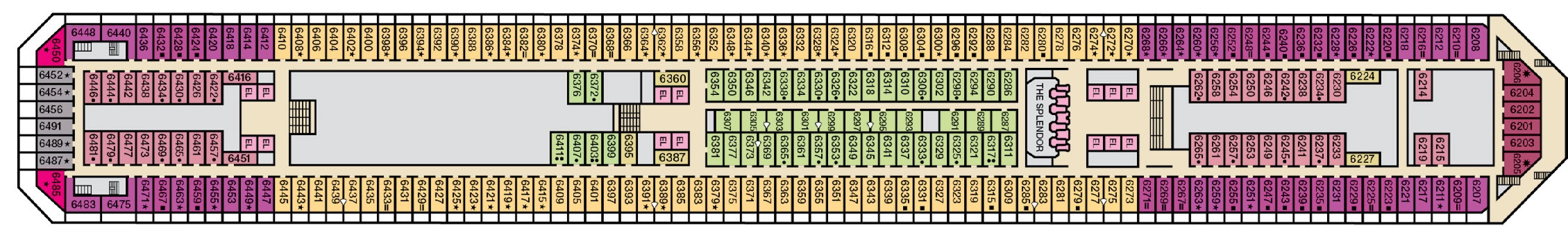 Carnival Splendor, Deck 6: official cabin and venue layout