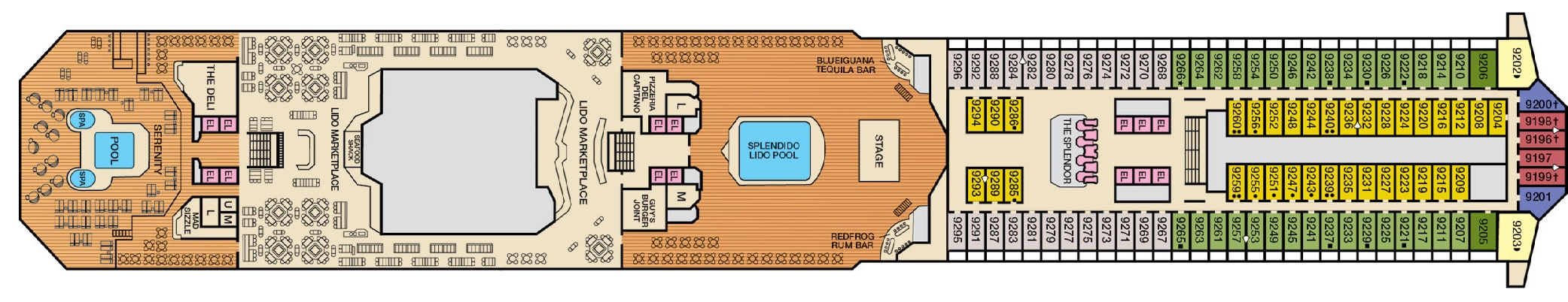 Carnival Splendor, Deck 9: official cabin and venue layout