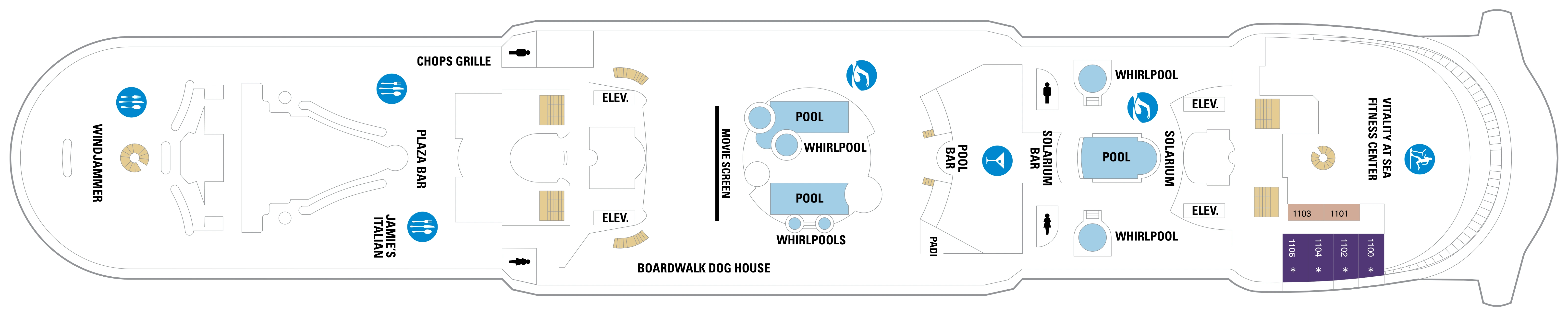 Mariner of the Seas, Deck 11: official cabin and venue layout